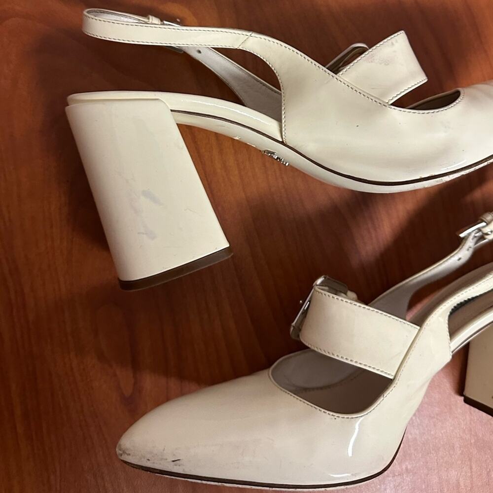 Prada Off White Patent Leather Mary Jane Slingback Block Heel Pumps Size 37.5 - Picture 8 of 16